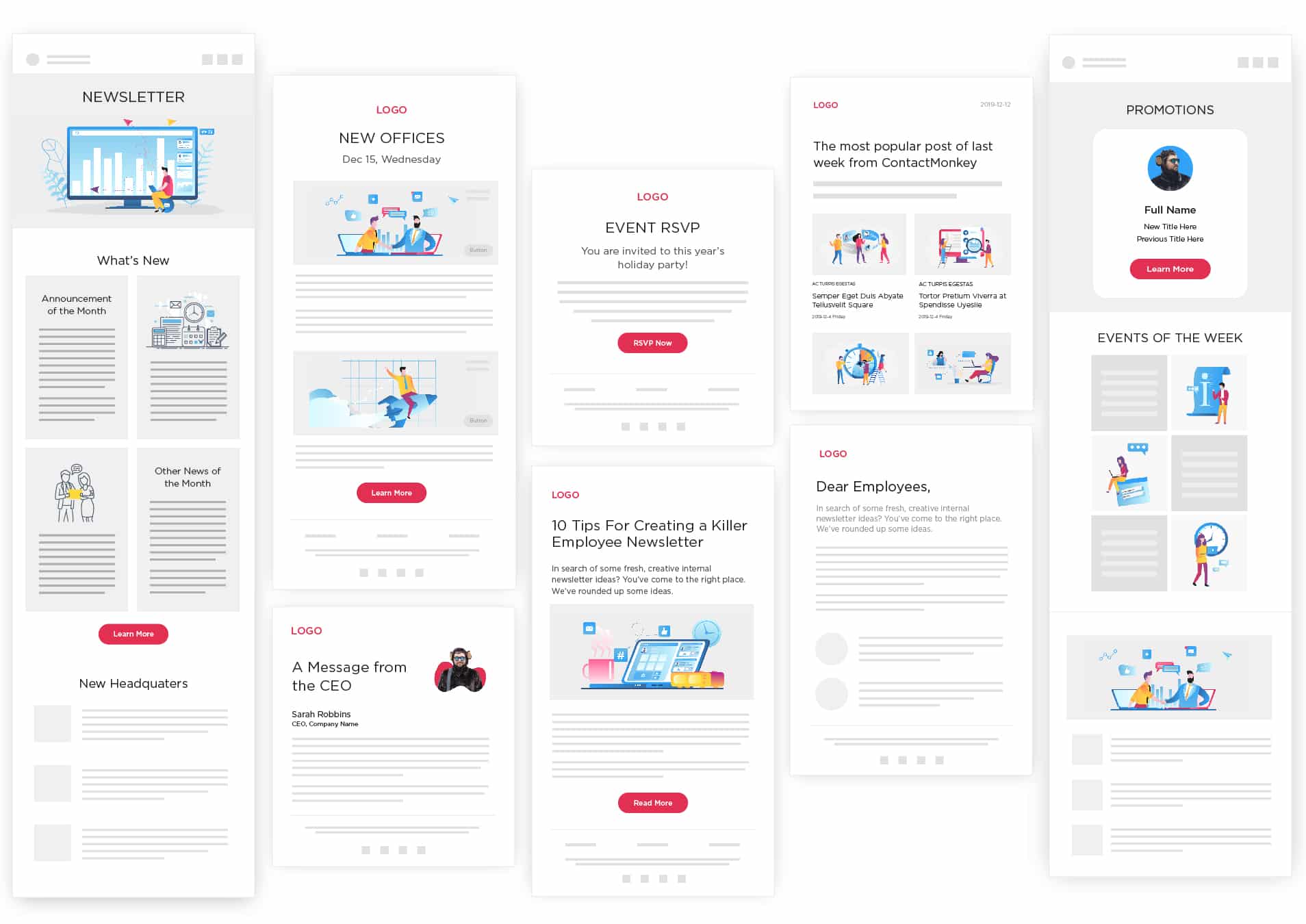 Image of newsletter templates created using ContactMonkey's email template builder.