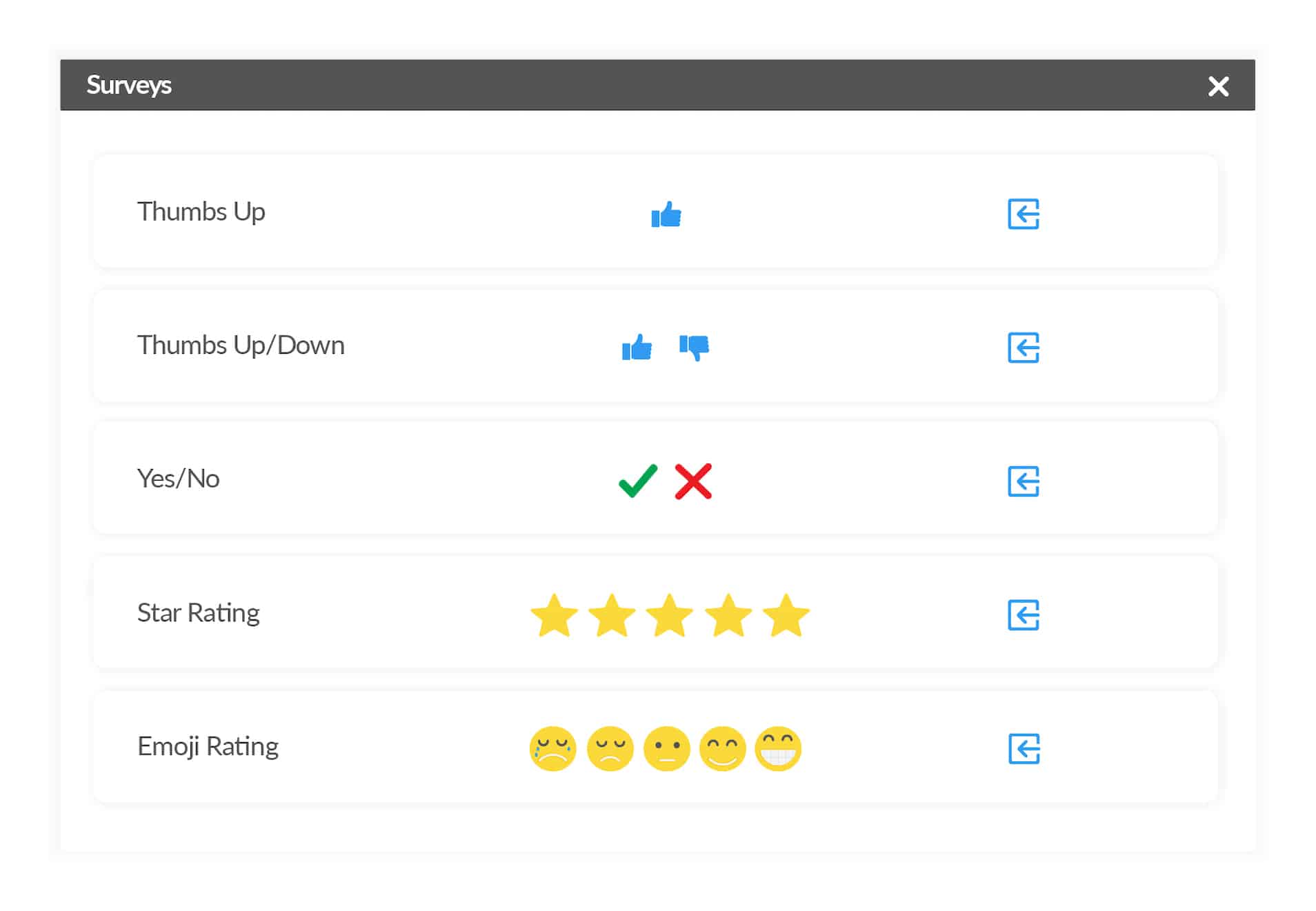 ContactMonkey pulse survey style options: thumbs up, thumbs up/down, yes/no, star rating, emoji rating