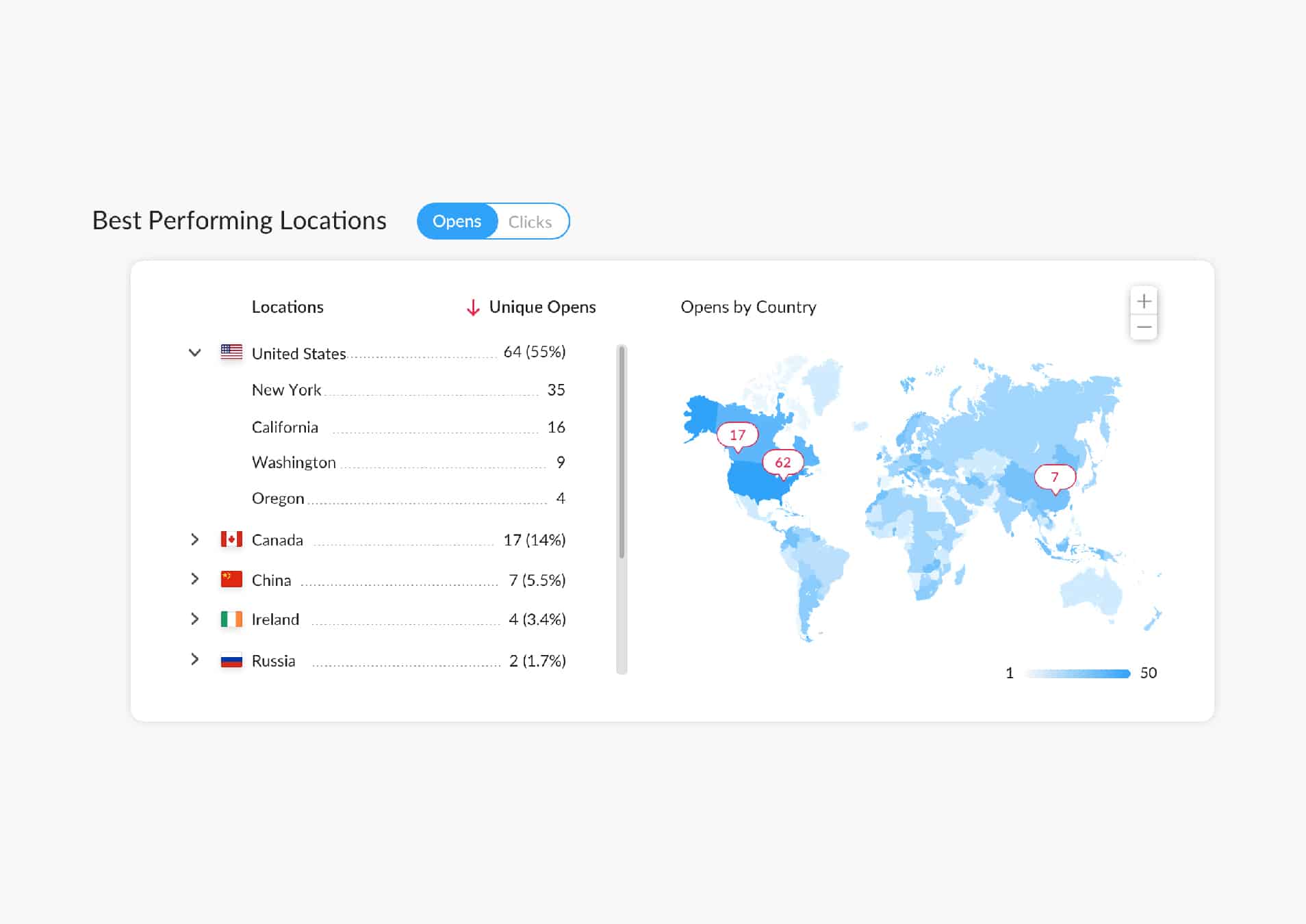 Screenshot of location email metrics within ContactMonkey's campaign analytics dashboard.