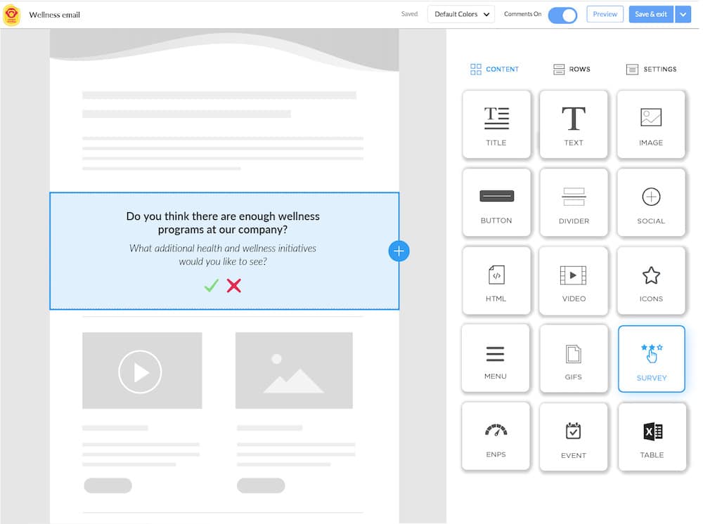 Screenshot of employee wellness survey embedded within an email created using ContactMonkey's email template builder.