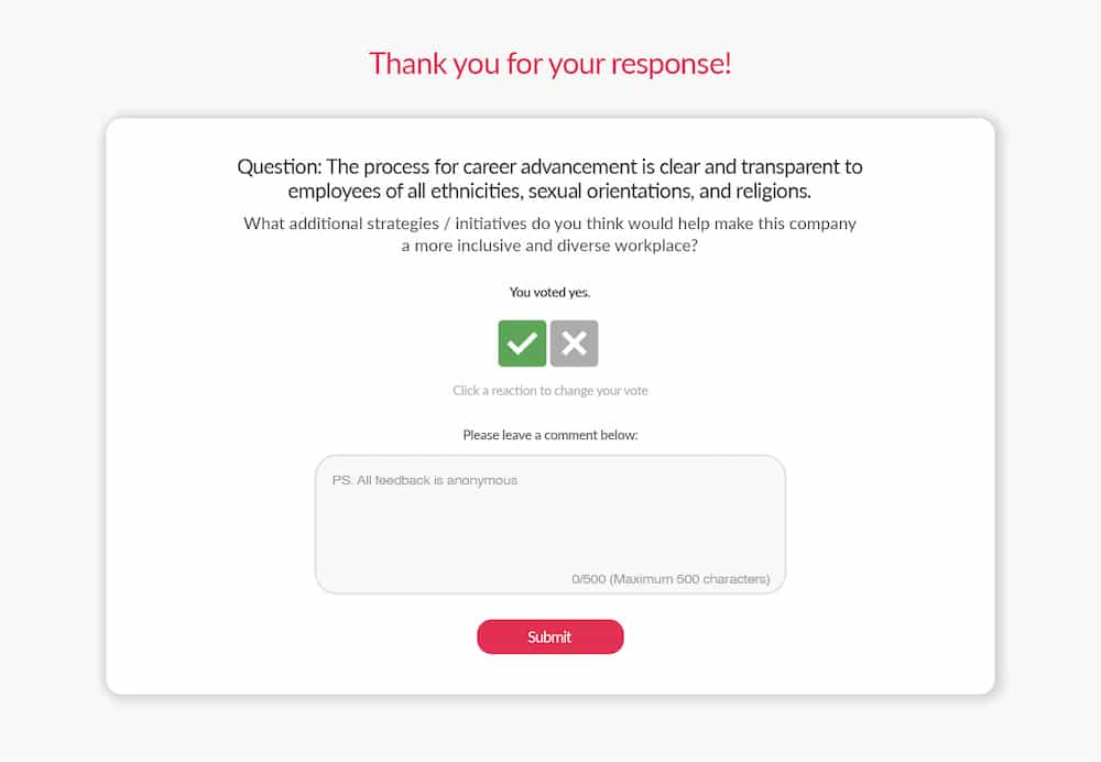 Screenshot of anonymous employee feedback question about workplace diversity and inclusion within an organization.