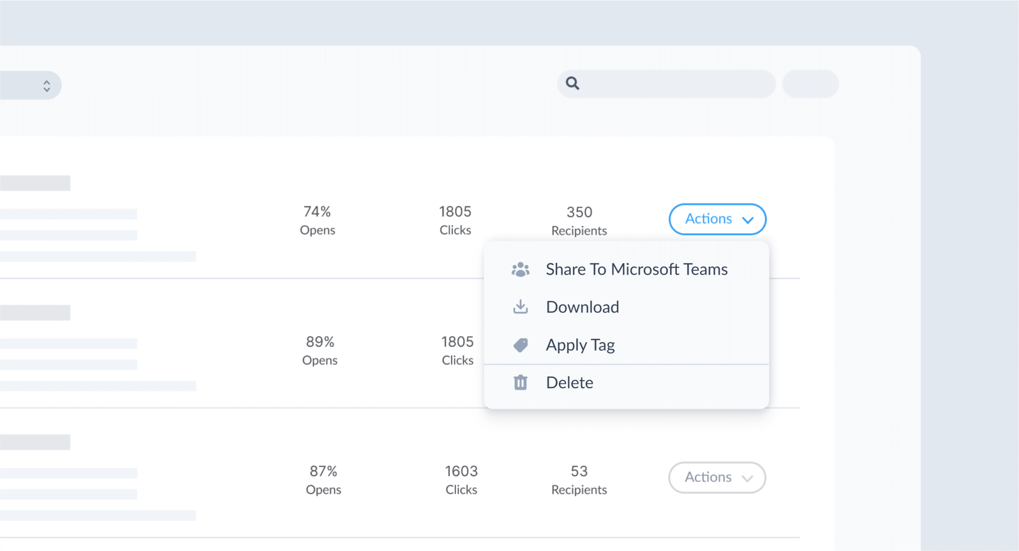 ContactMonkey Emails tab with a dropdown menu showing the option to "Share to Microsoft Teams"