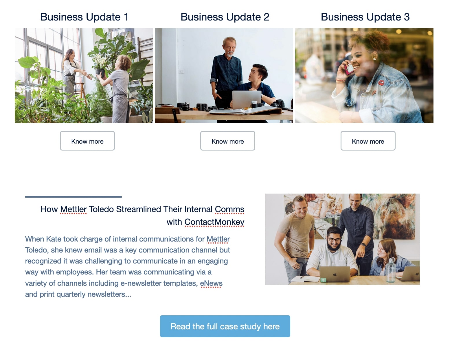 Screenshot of company newsletter created using ContactMonkey's email template builder featuring a brief description and link to a recent customer case study.