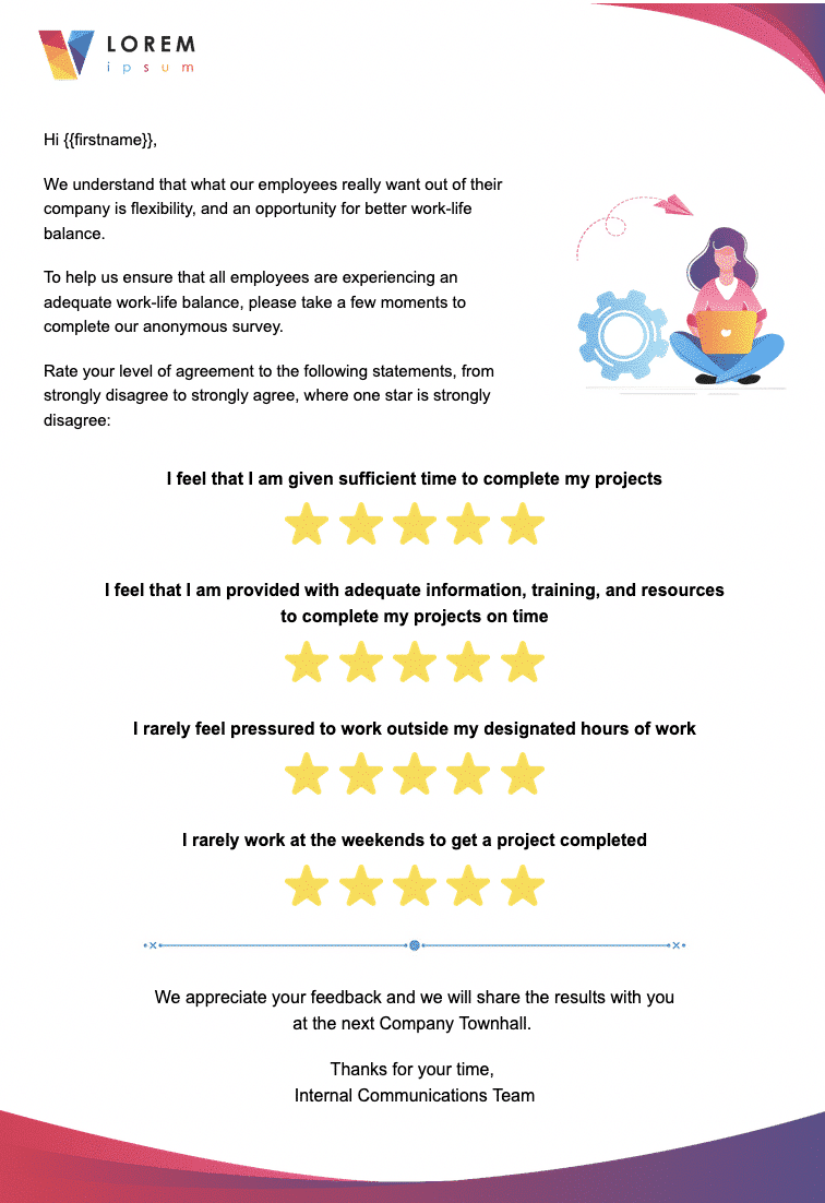 Screenshot of employee survey example template created using ContactMonkey.