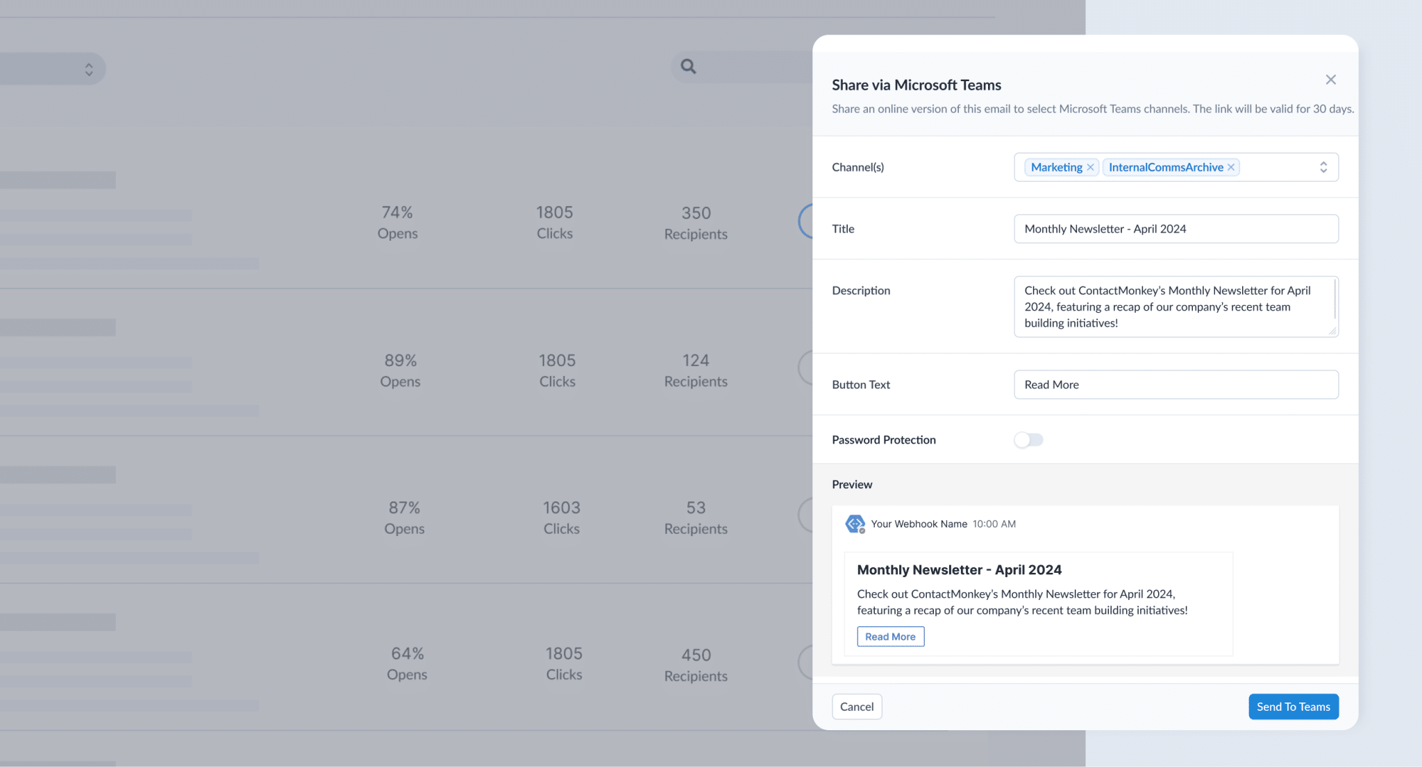 Image of share details within ContactMonkey's Microsoft Teams integration share menu