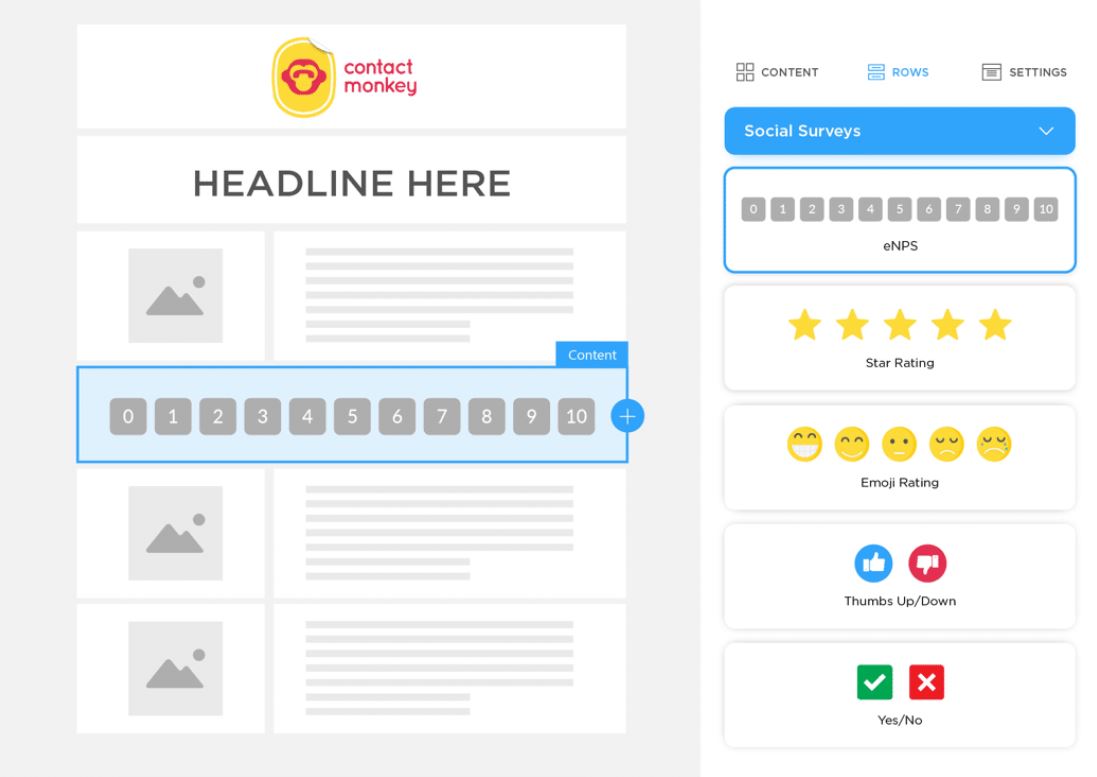 Screenshot of eNPS survey embedded into an email using ContactMonkey's email template builder.