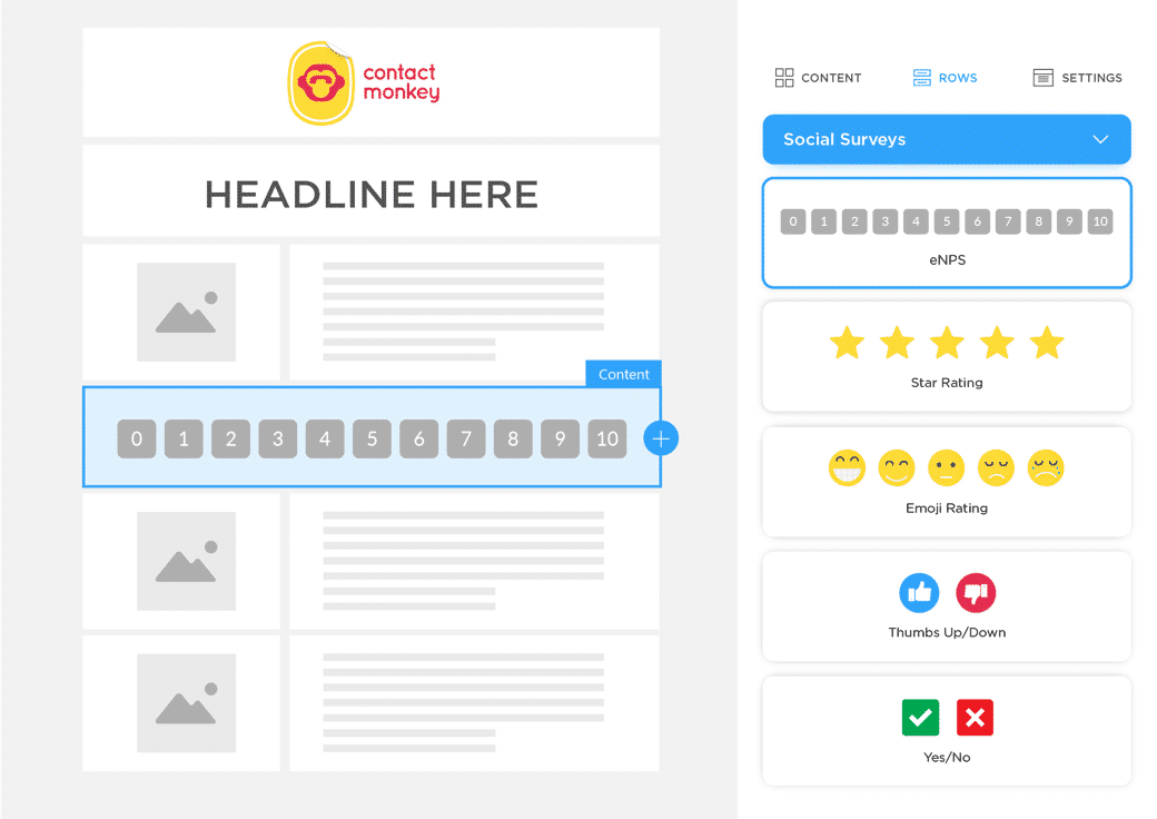 Screenshot of employee net promoter score (eNPS) survey embedded within a newsletter using ContactMonkey's email template builder.