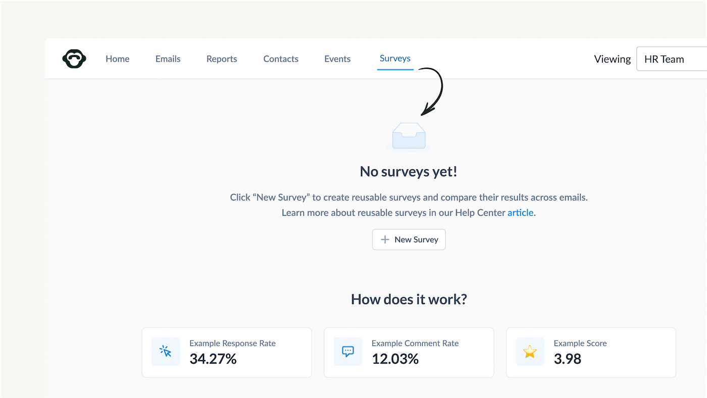 ContactMonkey reusable surveys dashboard page with an "Add New Survey" button n the center.