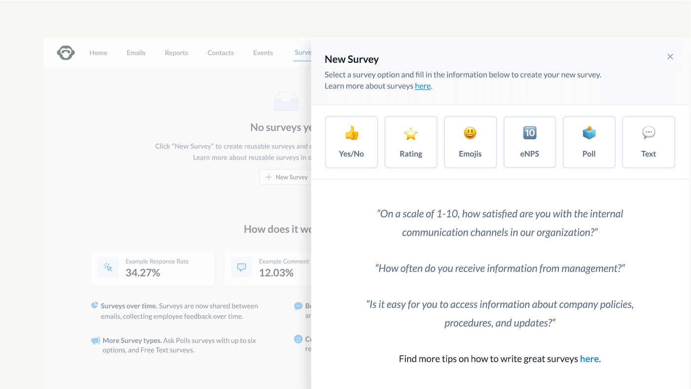 Reusable survey sidebar showing the options for a new survey: Yes/No, Rating, Emojis, eNPS, Poll, and Text