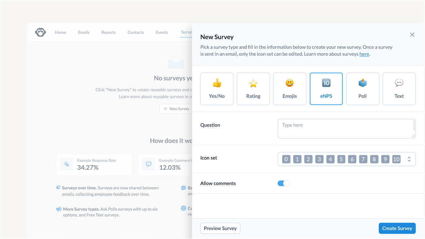 Reusable survey creation menu with eNPS selected as the new survey, prompting the user to enter their question, select how the icons will display, and whether or not to allow comments.