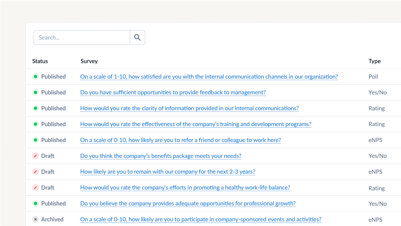 ContactMonkey reusable survey dashboard with a table of surveys created, their status, and the type of survey they are.